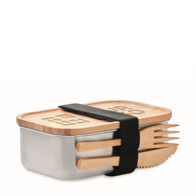 Stalen lunchbox met deksel en bestek kleur hout
