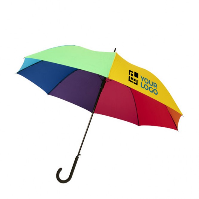 Multikleurige reclame paraplu weergave met jouw bedrukking