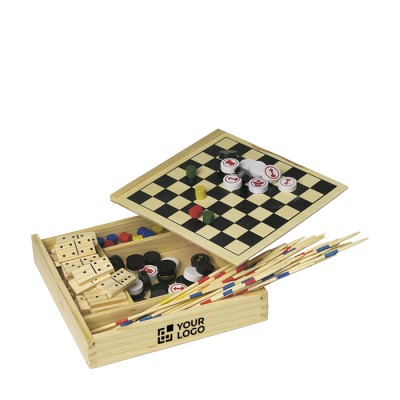 Set van 5 spellen in een houten kist
