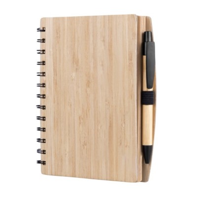 Bamboe notitieboek met logo en pen kleur naturel