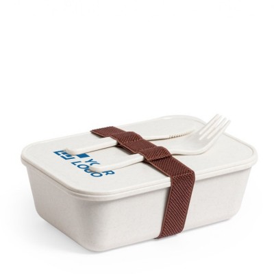 Lunchbox van 1 liter met vork en mes kleur naturel met logo