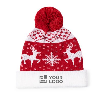Polyester hoed met origineel kerstmotief en rode pompon