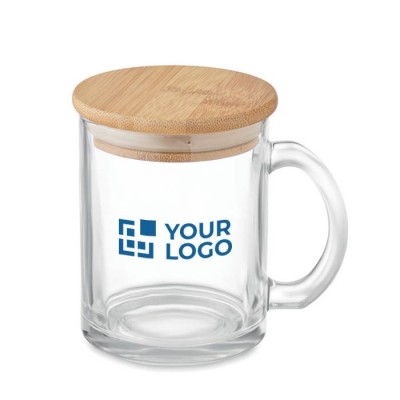 Mok met logo van gerecycled glas met bamboe deksel 300 ml