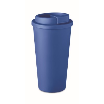 Dubbelwandige PP kunststof koffiebekers met logo 475 ml kleur blauw