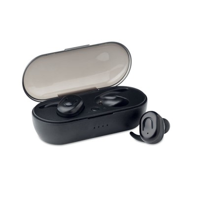 Twee bluetooth oortelefoons met basis kleur zwart