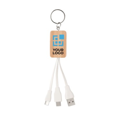 Sleutelhanger met logo en USB-kabels kleur hout