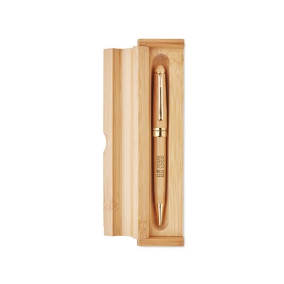 Eco pennen bedrukt in een bamboe doosje kleur hout