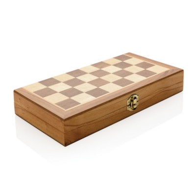 Houten, opvouwbaar schaakspel met logo
