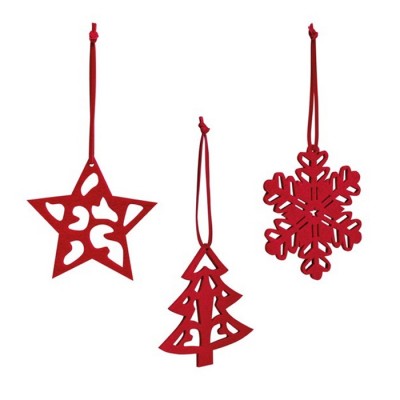 Set aan 3 vilten kerstversieringen met logo kleur rood