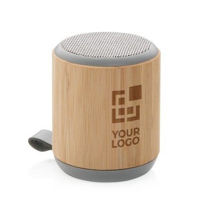 Ronde bamboe/stoffen speaker met logo kleur bruin