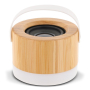 Draadloze bamboe speaker met witte basis en draaghandvat