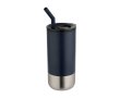 Geïsoleerde beker met stalen rietje en siliconen tip 480ml kleur marineblauw