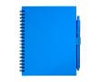Notitieboek van gerecycled plastic met penhouder en blauwe inktpen kleur blauw