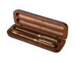 Schrijfset van hout en messing met houten etui en blauwe inkt kleur bruin