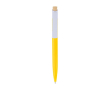 Pen van kunststof met bamboe drukknop en witte clip, blauwe inkt kleur geel
