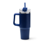 Thermosfles van gerecycled roestvrij staal met rietje 870 ml kleur marineblauw