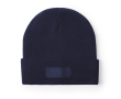 Elastische muts voor kinderen met omslagrand en frontlabel kleur marineblauw
