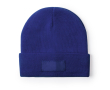Elastische muts voor kinderen met omslagrand en frontlabel kleur blauw