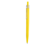 Plastic drukpen met transparante clip en blauwe inkt kleur geel