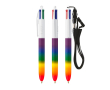 Plastic pen in regenboogkleuren met koord en 4 kleuren inkt BIC® kleur meerkleurig