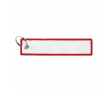 Sleutelhanger in labelvorm polyester, bedrukken met geborduurd logo kleur granaat