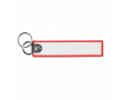 Sleutelhanger in textiel-labelvorm met dubbele ring, bedrukken logo kleur rood