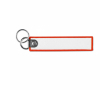 Sleutelhanger in textiel-labelvorm met dubbele ring, bedrukken logo kleur donkerrood
