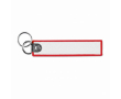 Sleutelhanger in textiel-labelvorm met dubbele ring, bedrukken logo kleur granaat