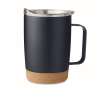 Metalen mok met logo en kurken bodem kleur marineblauw