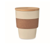 Gerecyclede plastic beker bedrukken met kurklint en bamboe deksel 300ml kleur beige