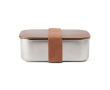Lunchbox van gerecycled roestvrij staal met houten sluiting en deksel kleur zilver