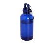 Transparante gerecyclede plastic fles met karabijnhaak 400ml kleur blauw