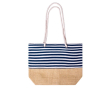 Gestreepte katoenen strandtas met jute basis 450g/m2 kleur marineblauw