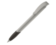 gerecyclede plastic pen met gebogen clip en blauwe inkt kleur grijs