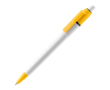 Witte pen met gekleurde details op de punt en clip gemaakt in de EU kleur geel
