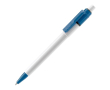 Witte pen met gekleurde details op de punt en clip gemaakt in de EU kleur lichtblauw