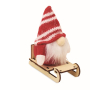 Houten kerstdecoratie: gnoom op slee met katoen vulling kleur rood