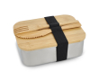 RVS lunchbox met bamboe deksel, bestek, elastische sluiting kleur zilver