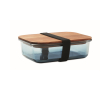 Glazen lunchbox met houten deksel en elastische sluitband kleur doorzichtig blauw