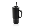 Thermobeker van gerecycled RVS met rietje en handvat 480 ml kleur zwart