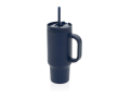 Thermobeker van gerecycled RVS met rietje en handvat 480 ml kleur marineblauw