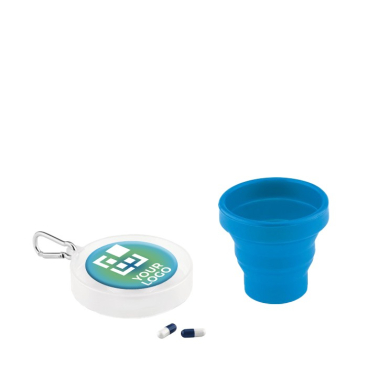 Sleutelhanger met vouwbeker en pillendoosje kleur blauw