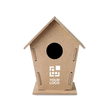 Vogelhuisje van spaanplaat met logo