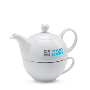 Te bedrukken theepot met kopje kleur wit