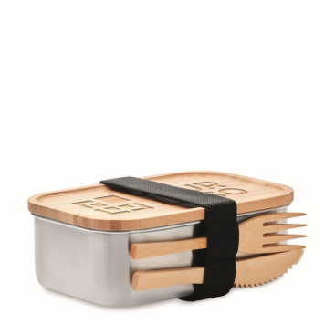 Stalen lunchbox met deksel en bestek kleur hout