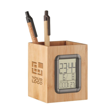 Pennenhouder met kalender en thermometer in houten kubusvorm