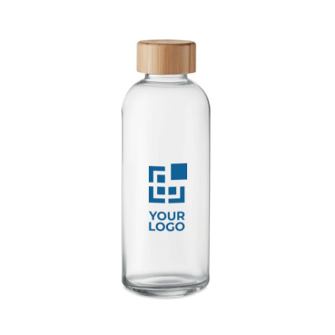 Glazen waterfles met logo en bamboe dop weergave met jouw bedrukking