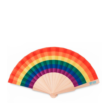 Houten waaier met logo en regenboogdesign