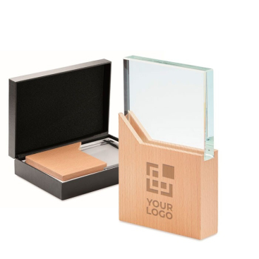 Glazen plaquette of trofee op houten voet