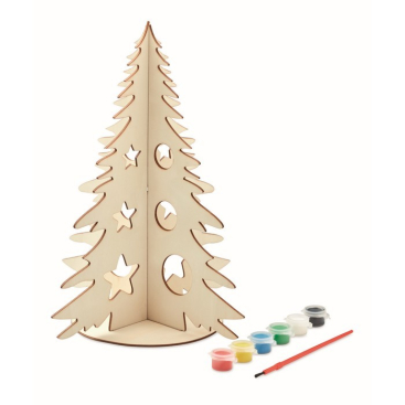 Houten kerstboom met verf en kwast